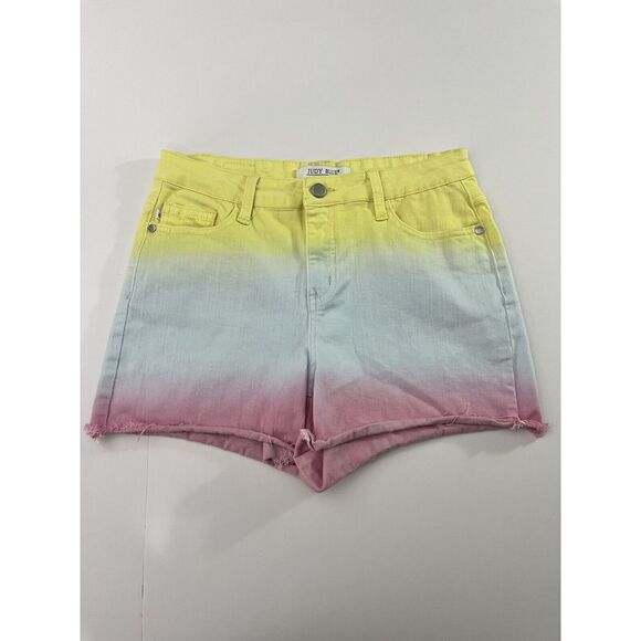 Judy Blue Medium Cut Off  Denim Shorts Dip Dye Ombre Yellow Blue‎ Pink  Frayed - Picture 1 of 9